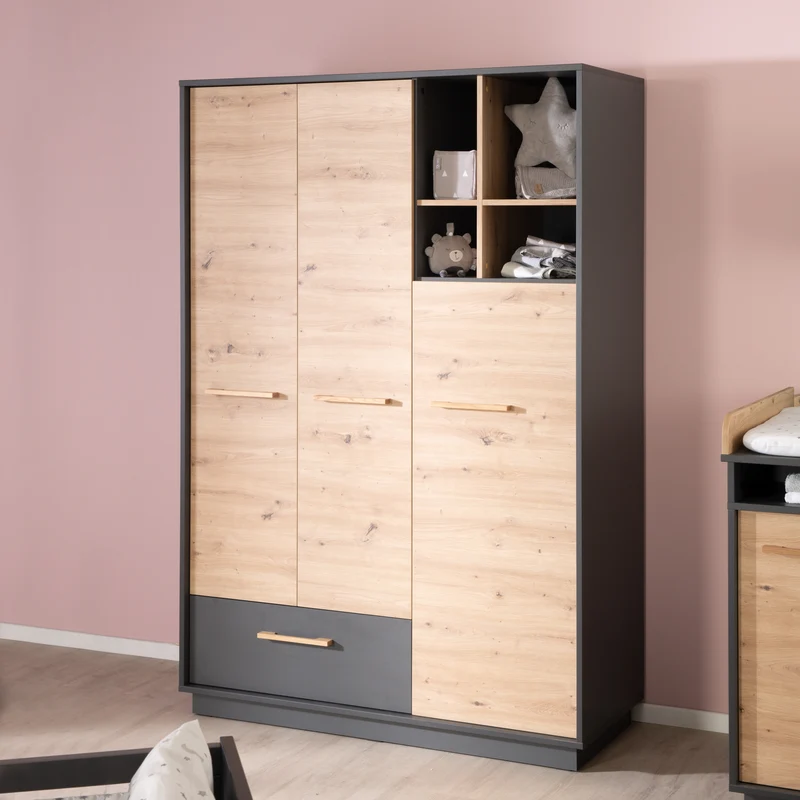 Kinderzimmerset 'Lenn' 3-teilig - Bett 70x140 + Wickelkommode + Kleiderschrank 3-türig
