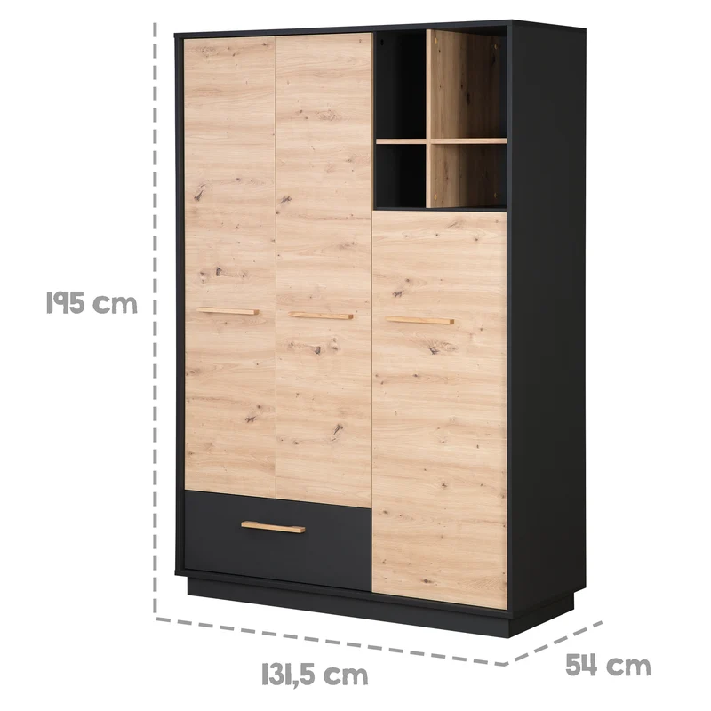 Kinderzimmerset 'Lenn' 3-teilig - Bett 70x140 + Wickelkommode + Kleiderschrank 3-türig