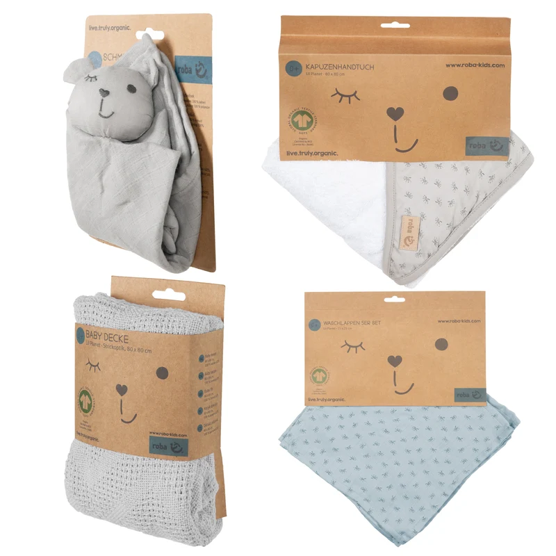 Geschenkset "Lil Planet" – silbergrau, Handtuch, Waschlappen, Schmusetuch & Decke, GOTS