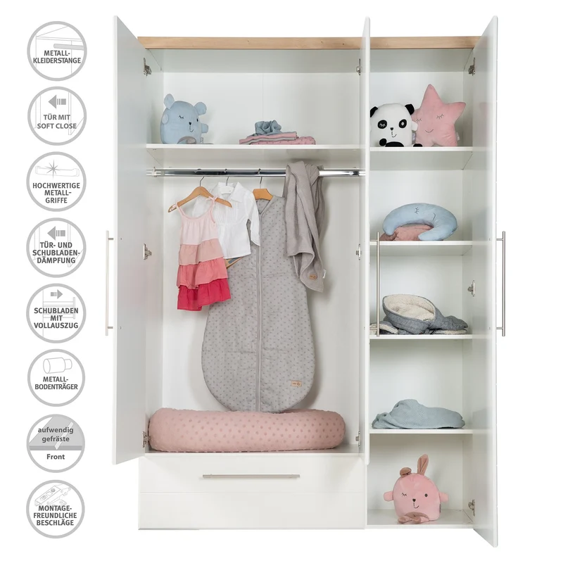 Kinderzimmerset "Nele" 3-teilig – inkl. Kombi-Kinderbett 70 x 140, Wickelkommode & Schrank 3-türig