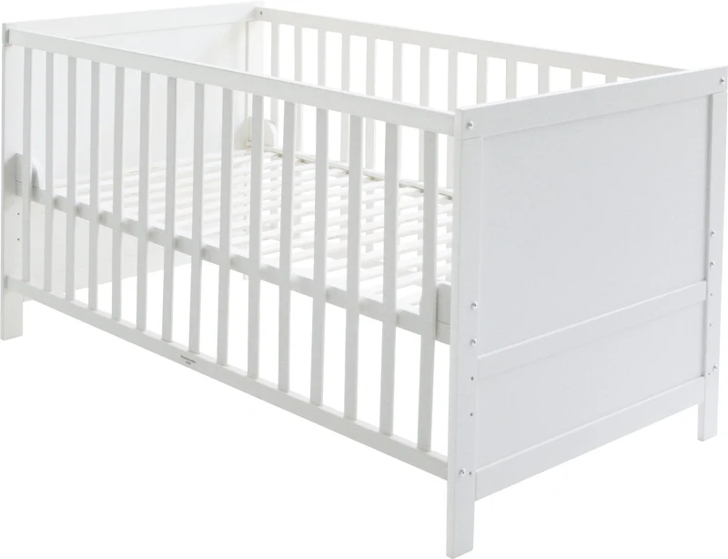 Kombi-Kinderbett 70 x 140 cm – weiß, 3-fach verstellbar, Schlupfstäbe, umbaubar zum Juniorbett