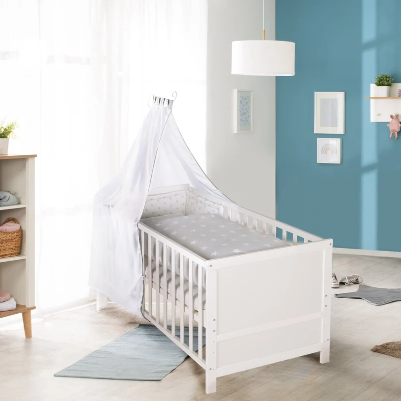Kombi-Kinderbett 70 x 140 cm – weiß, 3-fach verstellbar, Schlupfstäbe, umbaubar zum Juniorbett