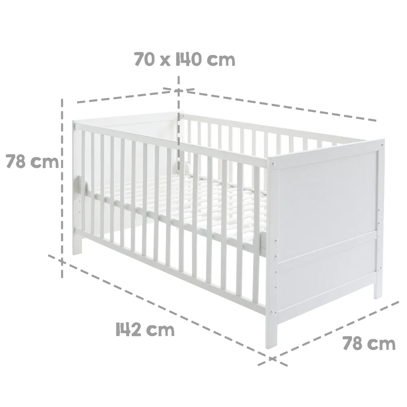 Kombi-Kinderbett 70 x 140 cm – weiß, 3-fach verstellbar, Schlupfstäbe, umbaubar zum Juniorbett