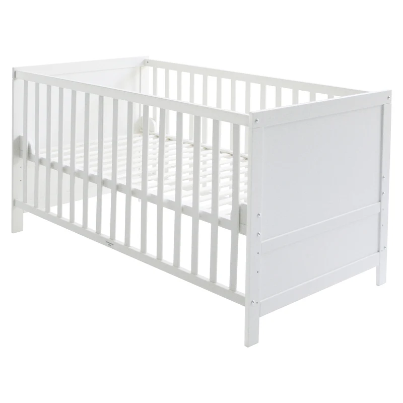 Kombi-Kinderbett 70 x 140 cm – weiß, 3-fach verstellbar, Schlupfstäbe, umbaubar zum Juniorbett