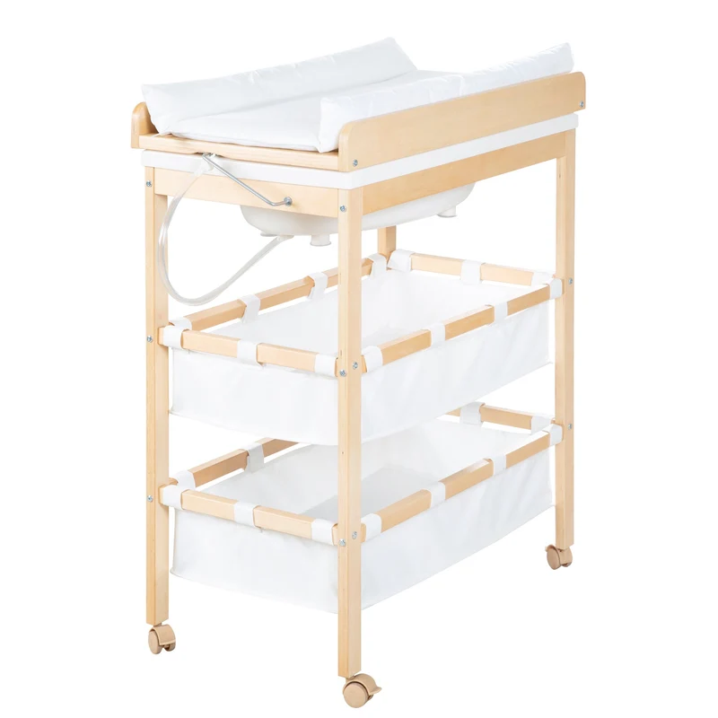 Bade-Wickel-Station "Baby Pool" – klappbarer Tisch mit Wanne, Holz natur, Wickelauflage weiß