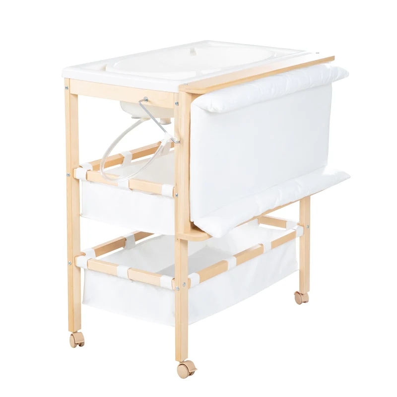 Bade-Wickel-Station "Baby Pool" – klappbarer Tisch mit Wanne, Holz natur, Wickelauflage weiß