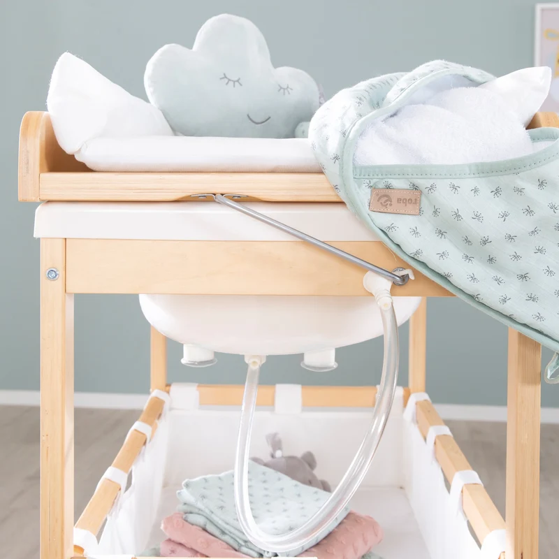 Bade-Wickel-Station "Baby Pool" – klappbarer Tisch mit Wanne, Holz natur, Wickelauflage weiß