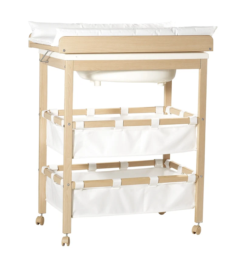 Bade-Wickel-Station "Baby Pool" – klappbarer Tisch mit Wanne, Holz natur, Wickelauflage weiß