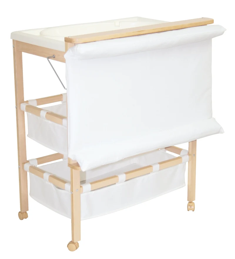 Bade-Wickel-Station "Baby Pool" – klappbarer Tisch mit Wanne, Holz natur, Wickelauflage weiß