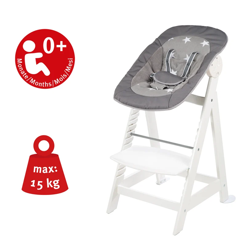 Treppenhochstuhl "Born Up" – Set 2 in 1, "Little Stars" Hochstuhl mit Liegefunktion, ab Geburt, weiß