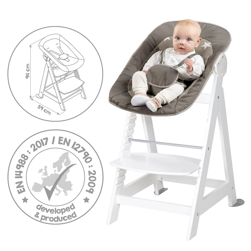 Treppenhochstuhl "Born Up" – Set 2 in 1, "Little Stars" Hochstuhl mit Liegefunktion, ab Geburt, weiß