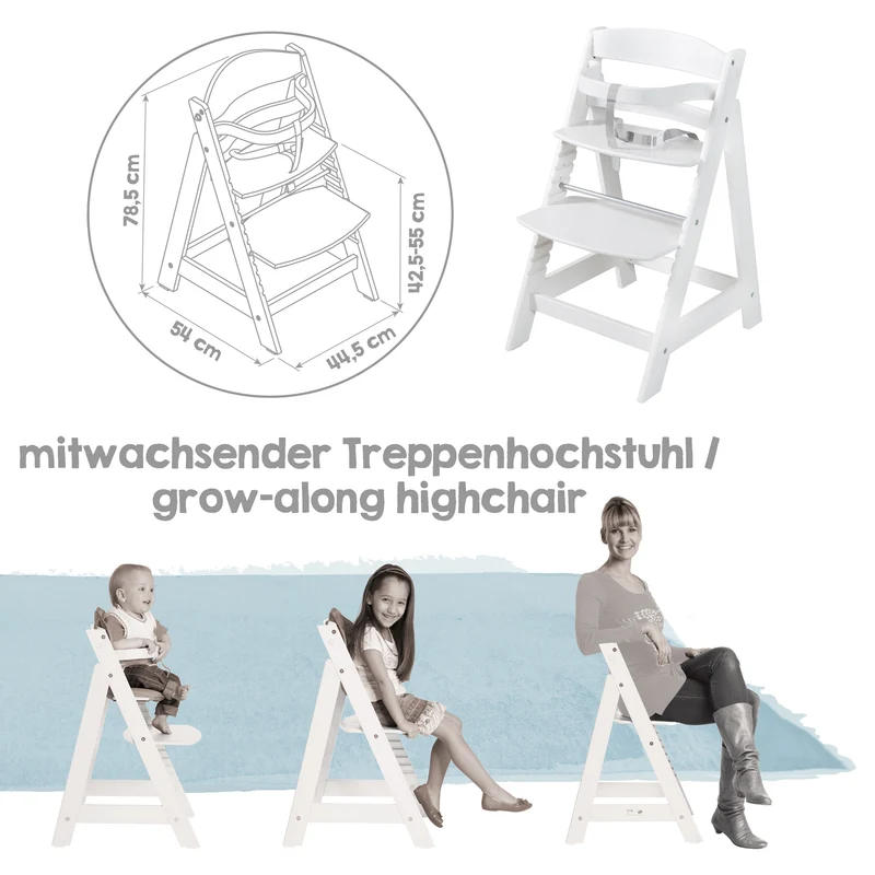 Treppenhochstuhl "Born Up" – Set 2 in 1, "Little Stars" Hochstuhl mit Liegefunktion, ab Geburt, weiß