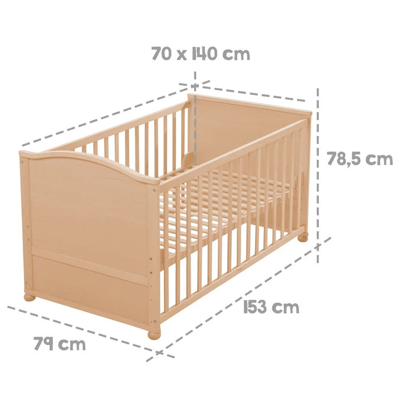 Kombi-Kinderbett 70 x 140 cm – natur, höhenverstellbar, mit Schlupfstäben, umbaubar zum Juniorbett