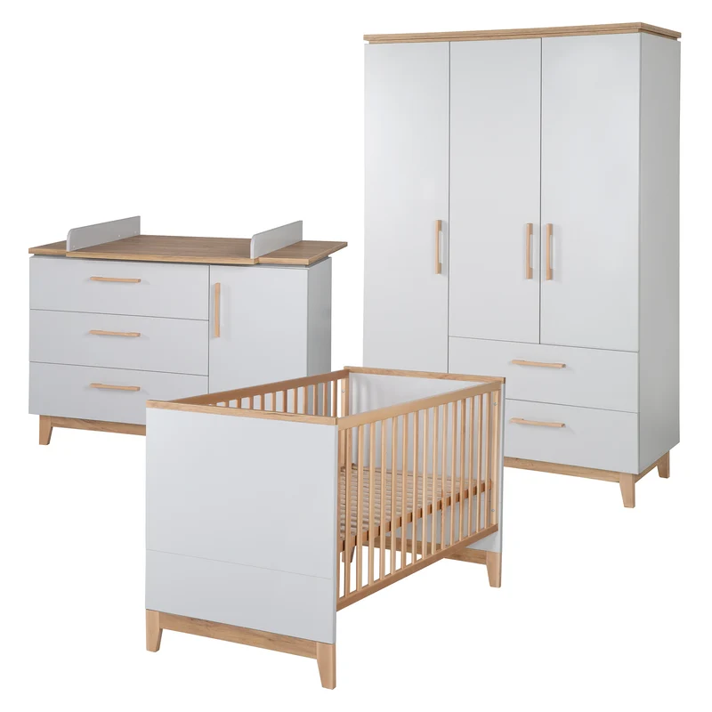 Zimmerset "Caro" – inkl. Kombi-Bett 70 x 140 cm, Wickelkommode & 3-türigem Schrank, Lichtgrau/Goldeiche