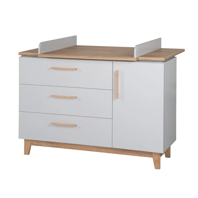Zimmerset "Caro" – inkl. Kombi-Bett 70 x 140 cm, Wickelkommode & 3-türigem Schrank, Lichtgrau/Goldeiche