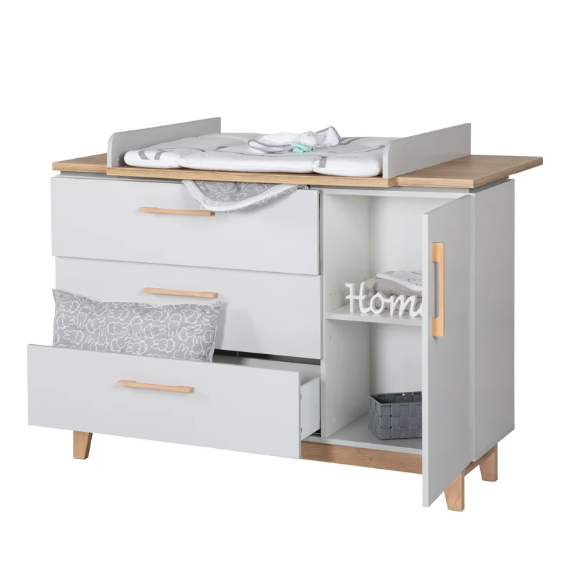 Zimmerset "Caro" – inkl. Kombi-Bett 70 x 140 cm, Wickelkommode & 3-türigem Schrank, Lichtgrau/Goldeiche