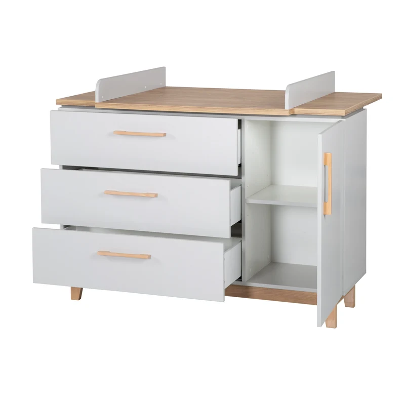 Zimmerset "Caro" – inkl. Kombi-Bett 70 x 140 cm, Wickelkommode & 3-türigem Schrank, Lichtgrau/Goldeiche