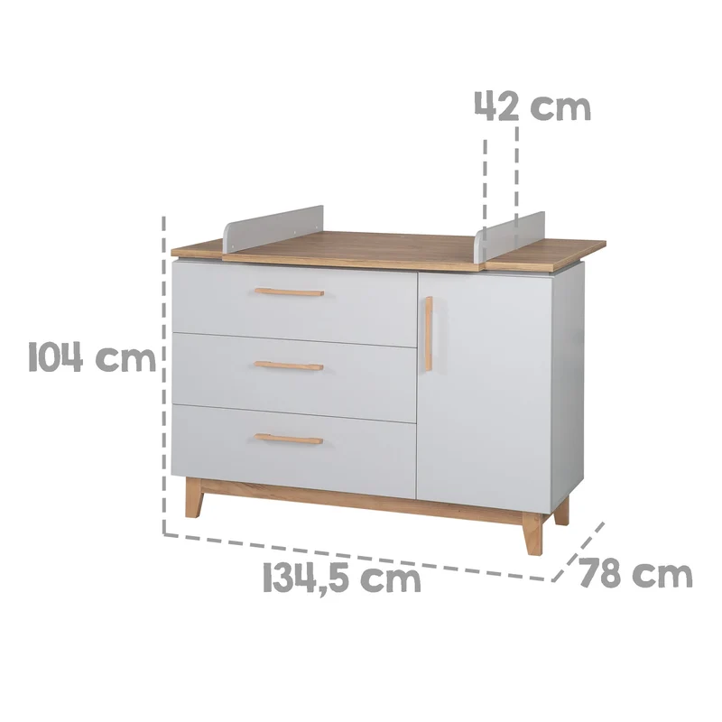 Zimmerset "Caro" – inkl. Kombi-Bett 70 x 140 cm, Wickelkommode & 3-türigem Schrank, Lichtgrau/Goldeiche