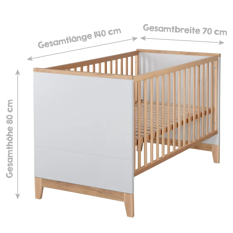 Zimmerset "Caro" – inkl. Kombi-Bett 70 x 140 cm, Wickelkommode & 3-türigem Schrank, Lichtgrau/Goldeiche