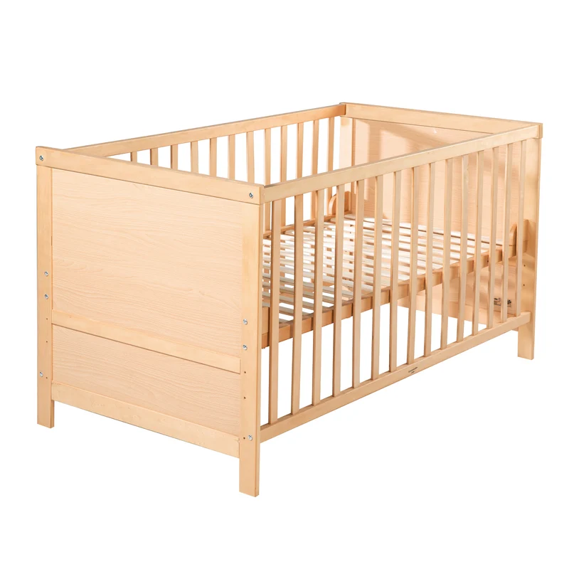 Kombi-Kinderbett 70 x 140 cm – natur, 3-fach verstellbar, Schlupfstäbe, umbaubar zum Juniorbett