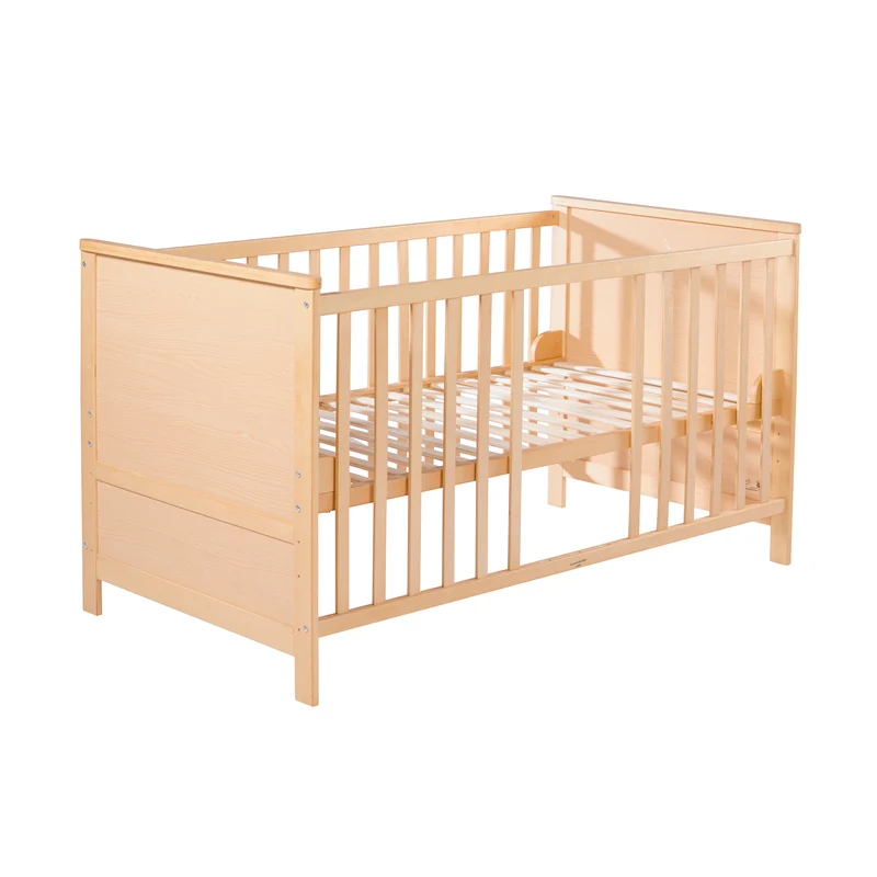 Kombi-Kinderbett 70 x 140 cm – natur, 3-fach verstellbar, Schlupfstäbe, umbaubar zum Juniorbett