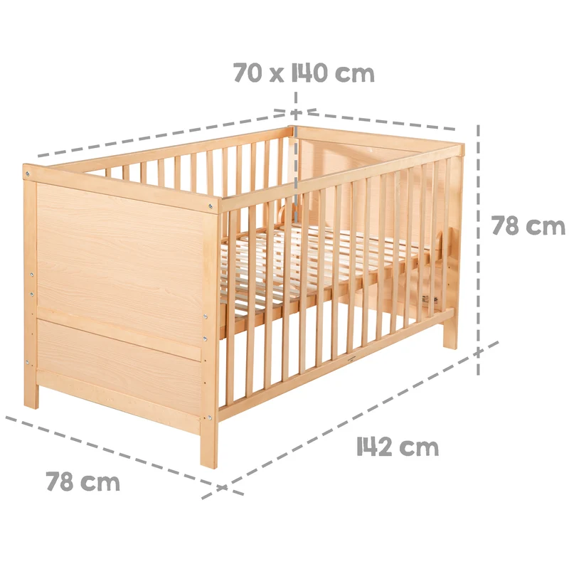 Kombi-Kinderbett 70 x 140 cm – natur, 3-fach verstellbar, Schlupfstäbe, umbaubar zum Juniorbett