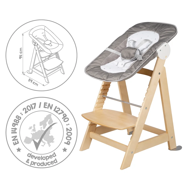 Treppenhochstuhl "Born Up" – Set 2 in 1, "Sternenzauber", mit Liegefunktion, ab Geburt, natur