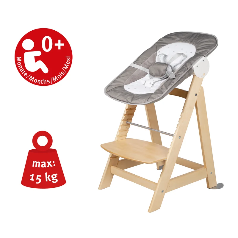 Treppenhochstuhl "Born Up" – Set 2 in 1, "Sternenzauber", mit Liegefunktion, ab Geburt, natur