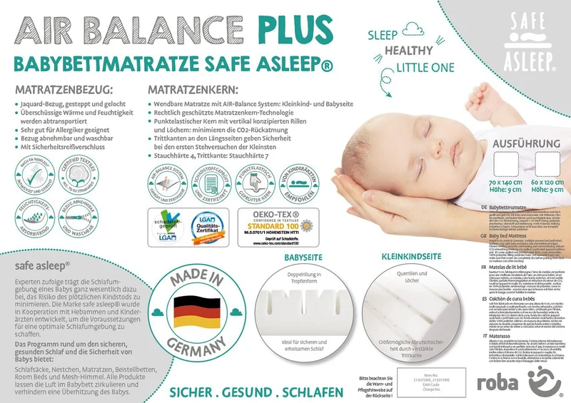 Babybettmatratze "safe asleep®" – Air Balance Plus, 60 x 120 x 9 cm, für optimales Schlafklima