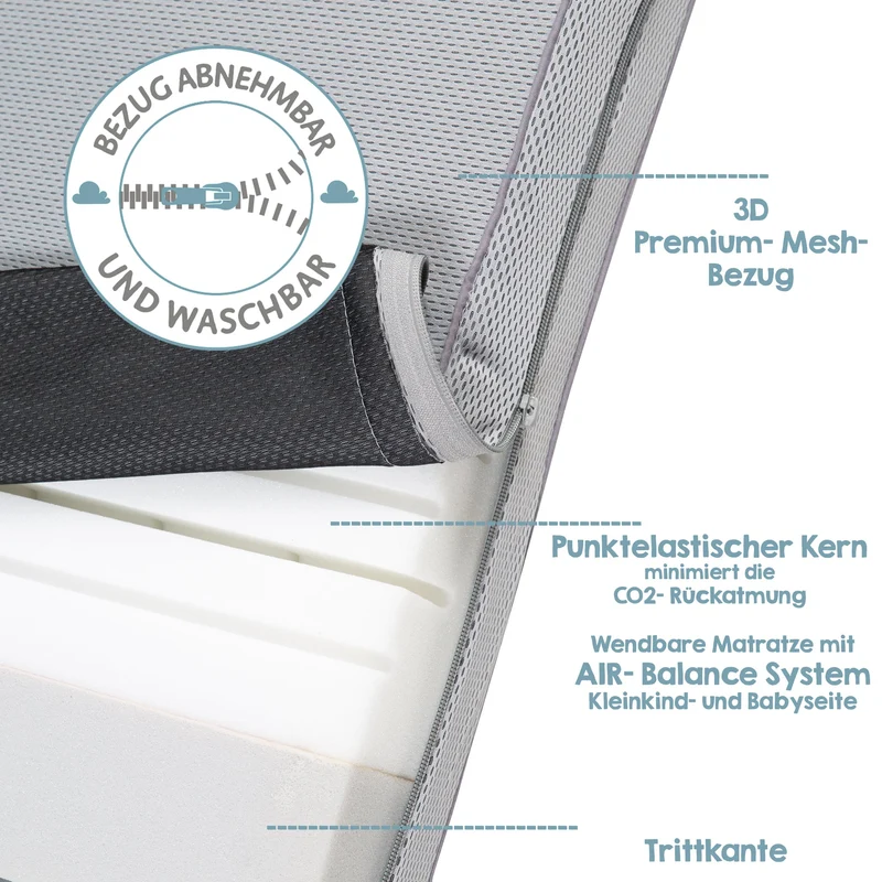 Babybettmatratze "safe asleep®" – Air Balance Premiummesh, 70 x 140 x 9 cm, optimales Schlafklima