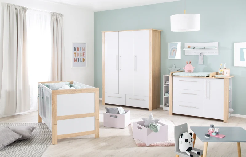 Kinderzimmerset "Matilda" - Babybett 70x140 + Kleiderschrank + Wickelkommode - Lichtgrau