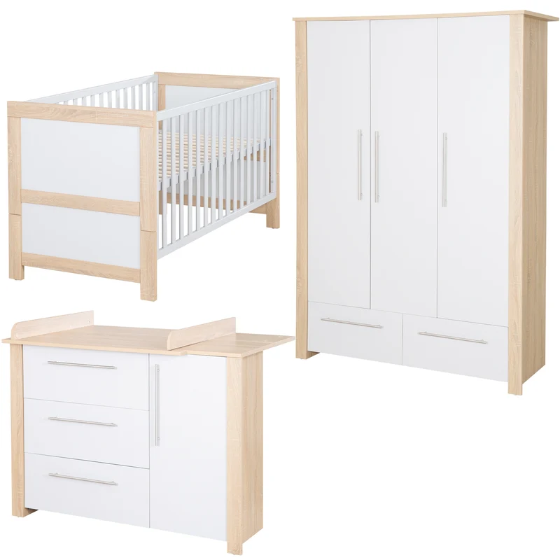 Kinderzimmerset "Matilda" - Babybett 70x140 + Kleiderschrank + Wickelkommode - Lichtgrau