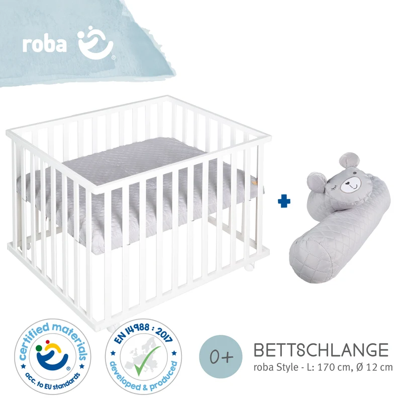 Bundle "roba Style" – inkl. Laufgitter 4-eckig weiß, Mikrofaser-Bettschlange grau, geprüft