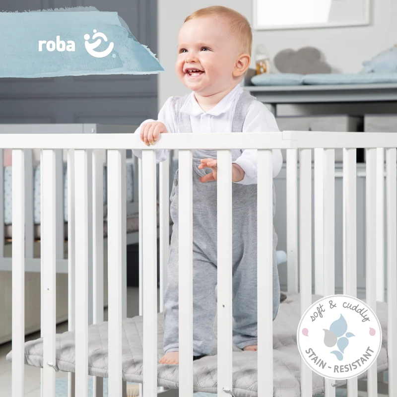 Bundle "roba Style" – inkl. Laufgitter 4-eckig weiß, Mikrofaser-Bettschlange grau, geprüft
