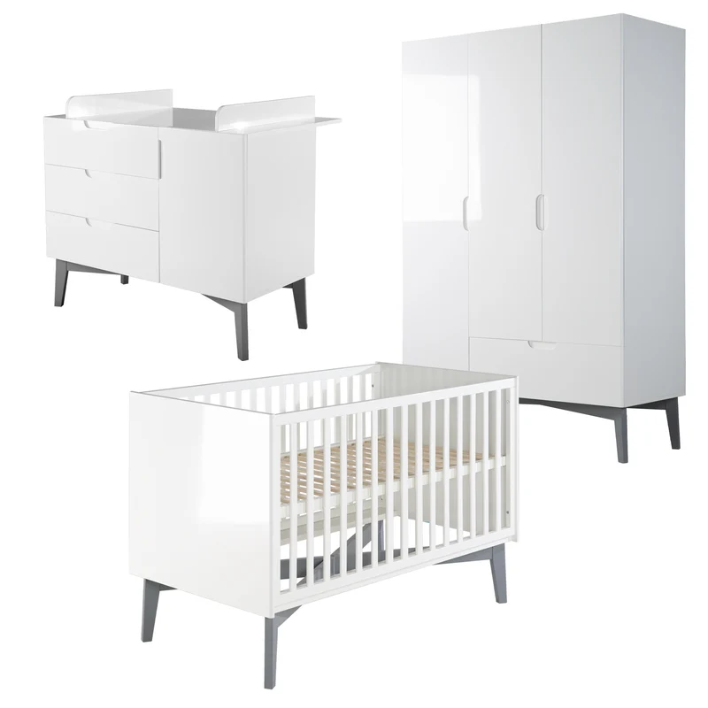 Möbelset "Retro 2" – inkl. Kombi-Bett 70 x 140 cm, Wickelkommode & 3-türigem Schrank, weiß/grau