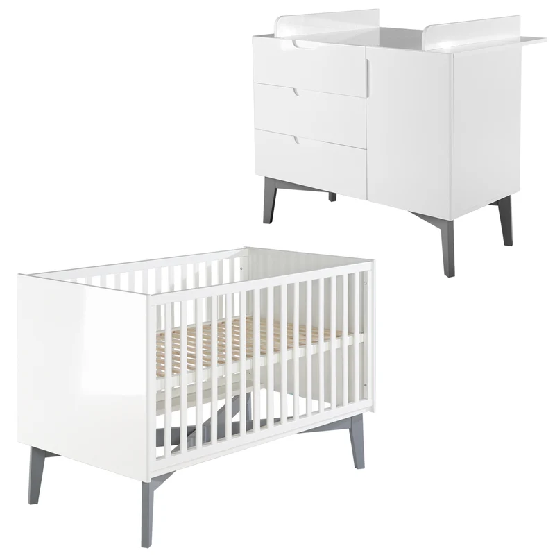Kindermöbelset "Retro 2" – inkl. Kombi-Bett 70 x 140 cm & breiter Wickelkommode, weiß/ grau