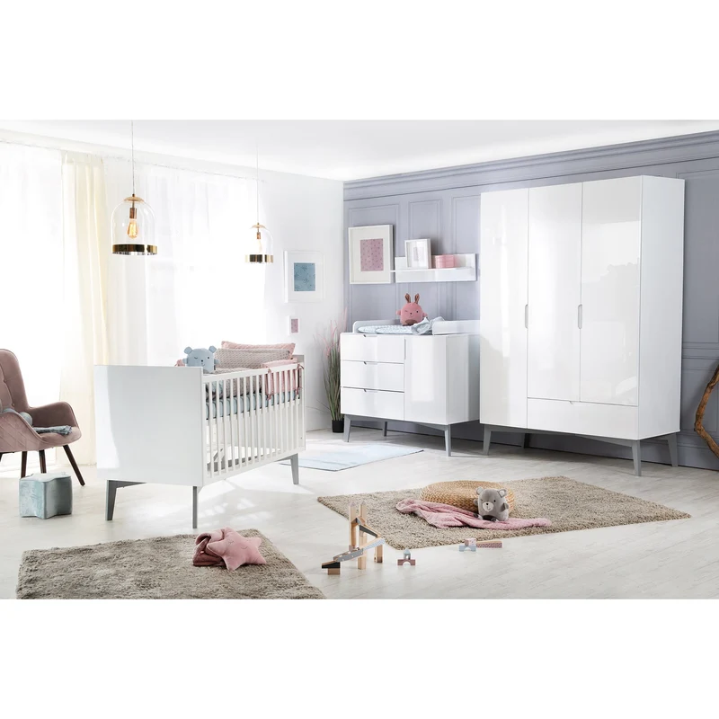 Kindermöbelset "Retro 2" – inkl. Kombi-Bett 70 x 140 cm & breiter Wickelkommode, weiß/ grau