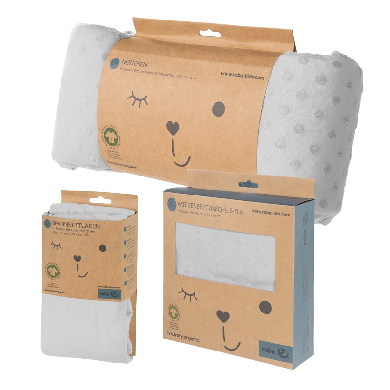 Geschenkset "Lil Planet" – silbergrau, Bio-Bettwäsche, -Spannbettlaken & -Nestchen, GOTS