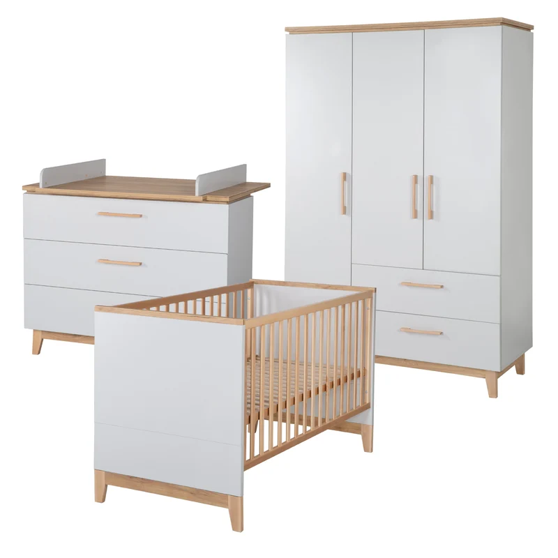 Zimmerset "Caro" – inkl. Kombi-Bett 70 x 140 cm, Wickelkommode & 3-türigem Schrank, Goldeiche/Lichtgrau