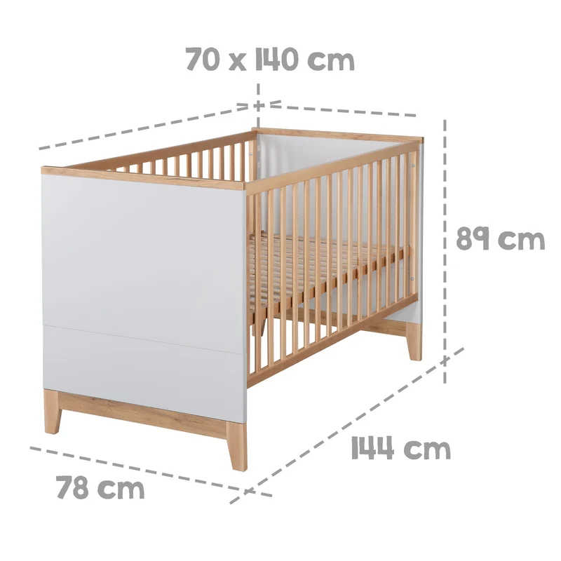 Zimmerset "Caro" – inkl. Kombi-Bett 70 x 140 cm, Wickelkommode & 3-türigem Schrank, Goldeiche/Lichtgrau
