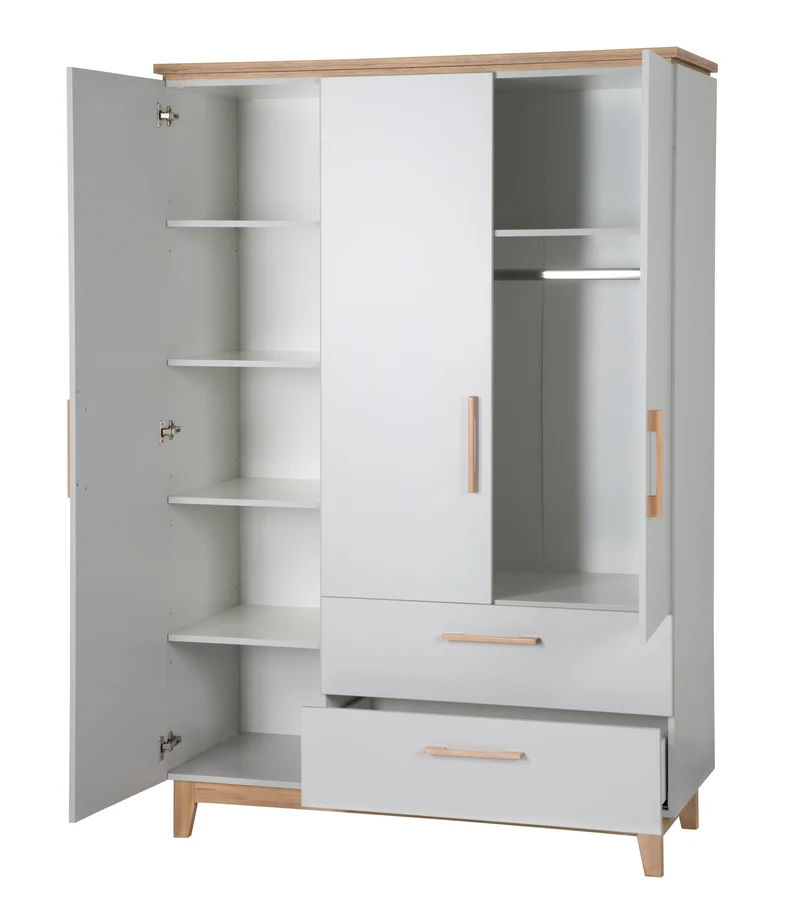 Zimmerset "Caro" – inkl. Kombi-Bett 70 x 140 cm, Wickelkommode & 3-türigem Schrank, Goldeiche/Lichtgrau