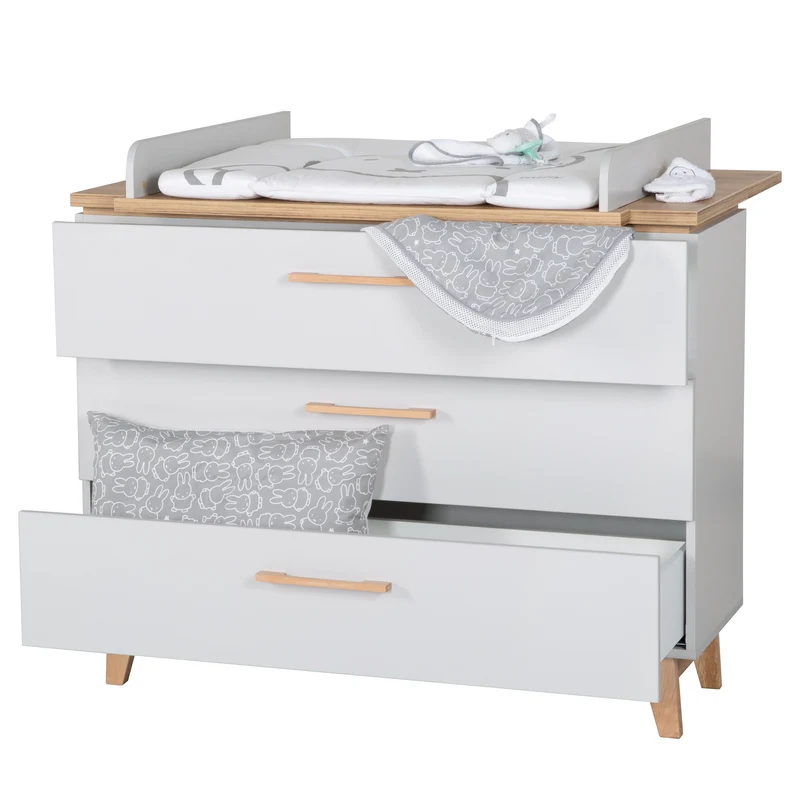 Zimmerset "Caro" – inkl. Kombi-Bett 70 x 140 cm, Wickelkommode & 3-türigem Schrank, Goldeiche/Lichtgrau