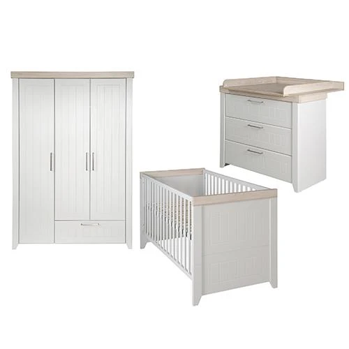 Kindermöbelset "Helene" – inkl. Kombi-Bett 70 x 140 cm, Wickelkommode & 3-türigem Schrank, Lichtgrau