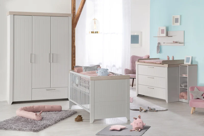 Kindermöbelset "Helene" – inkl. Kombi-Bett 70 x 140 cm, Wickelkommode & 3-türigem Schrank, Lichtgrau