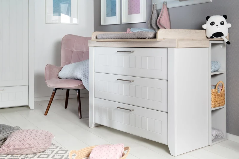 Kindermöbelset "Helene" – inkl. Kombi-Bett 70 x 140 cm, Wickelkommode & 3-türigem Schrank, Lichtgrau