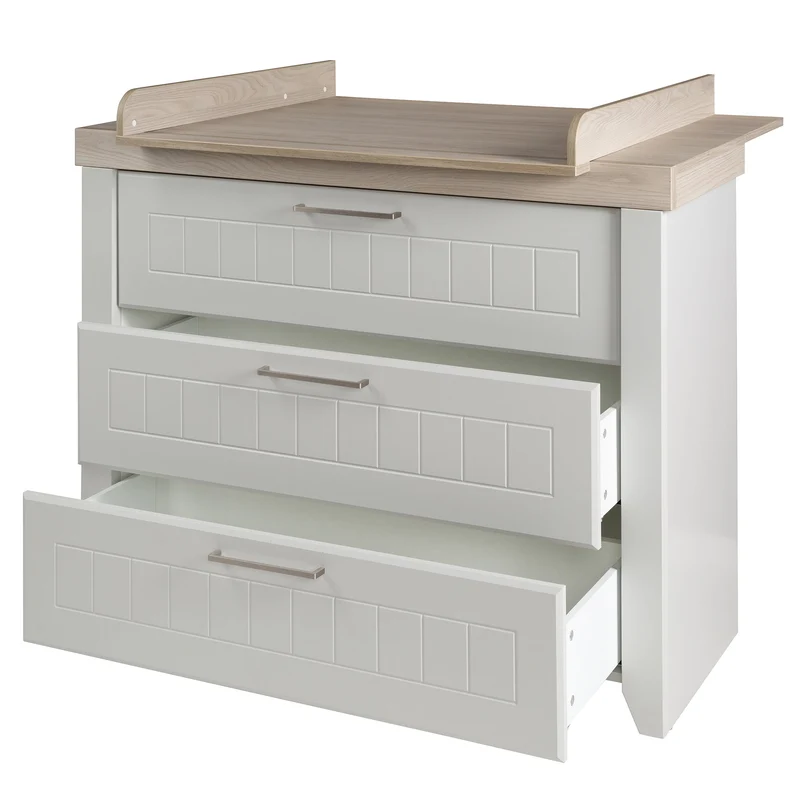 Kindermöbelset "Helene" – inkl. Kombi-Bett 70 x 140 cm, Wickelkommode & 3-türigem Schrank, Lichtgrau