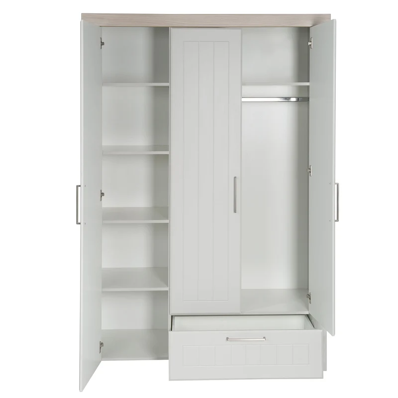 Kindermöbelset "Helene" – inkl. Kombi-Bett 70 x 140 cm, Wickelkommode & 3-türigem Schrank, Lichtgrau