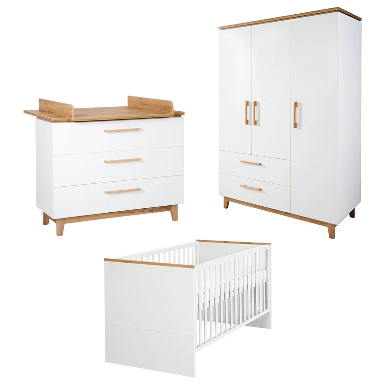 Zimmerset "Finn" – inkl. Kombi-Bett 70 x 140 cm, Wickelkommode & 3-türigem Schrank, weiß/ Goldeiche