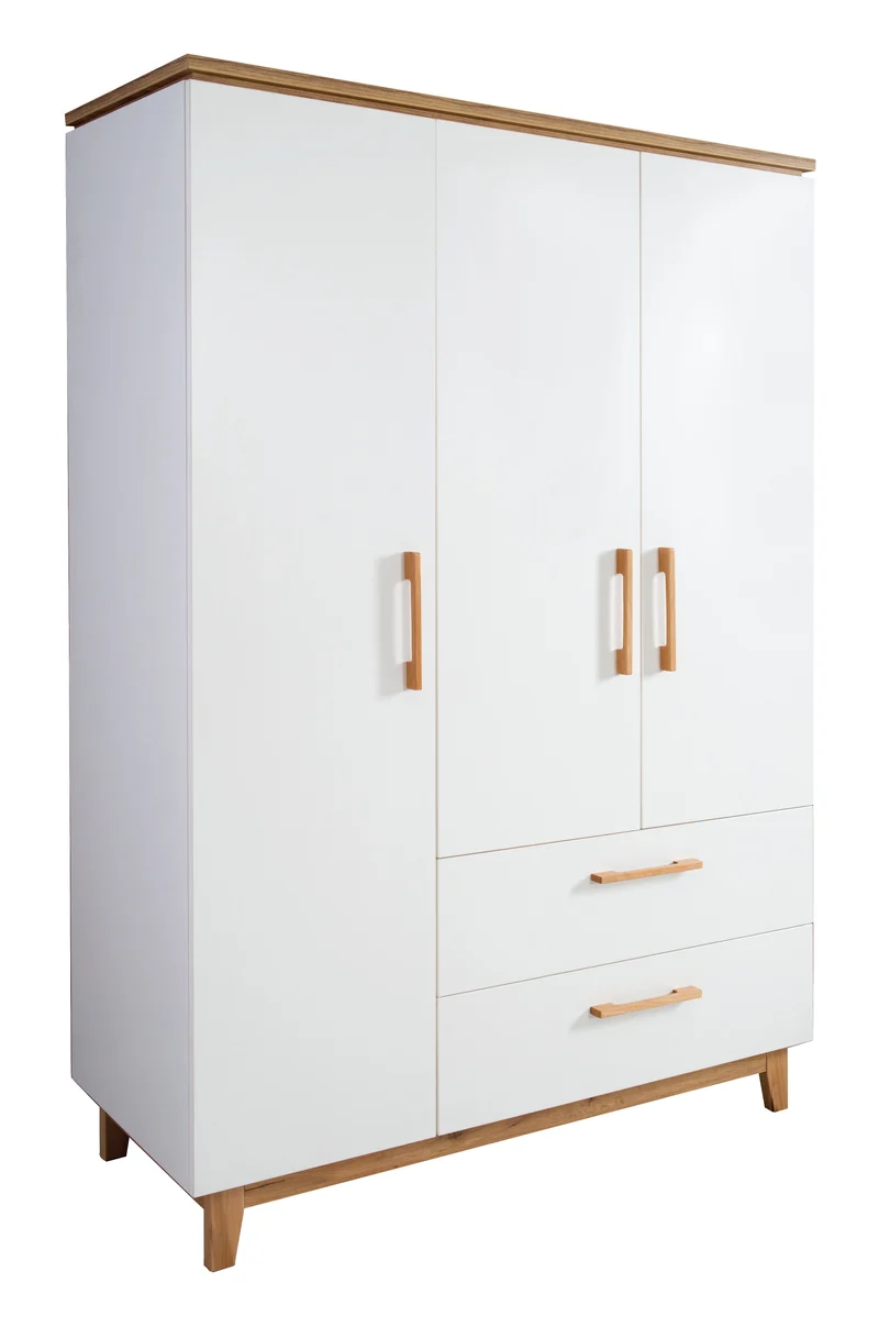 Zimmerset "Finn" – inkl. Kombi-Bett 70 x 140 cm, Wickelkommode & 3-türigem Schrank, weiß/ Goldeiche