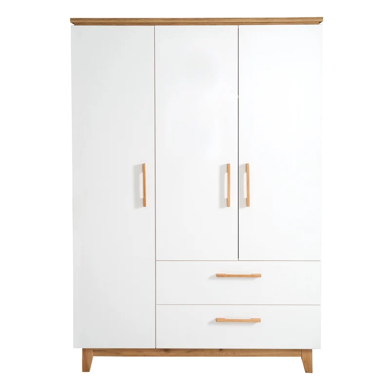 Zimmerset "Finn" – inkl. Kombi-Bett 70 x 140 cm, Wickelkommode & 3-türigem Schrank, weiß/ Goldeiche
